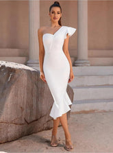 Vestido Midi Ombro Só com Babado para Festa e Eventos Elegantes Branco